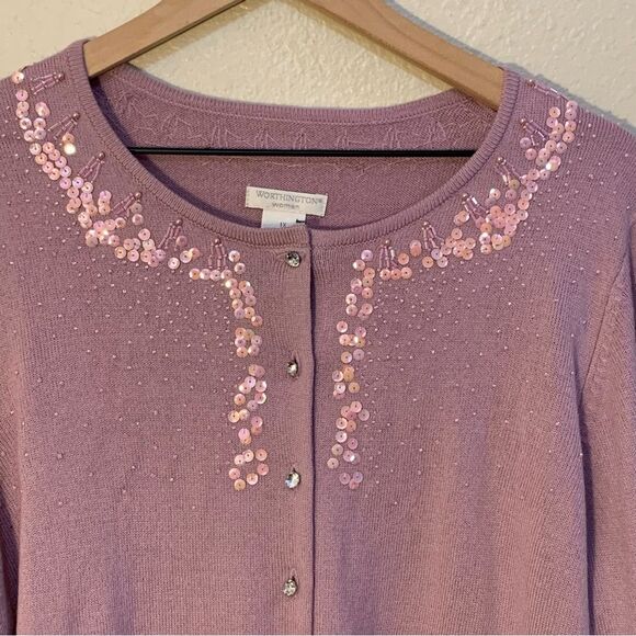 WORTHINGTON Sequence Bead Lavender Cardigan Faux Gem Buttons Women 1X. - Picture 3 of 12